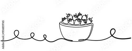 Bowl of strawberries placed on surface in line drawing. none editable strokes