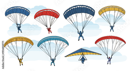 Collection of skydivers descending with colorful parachutes and one hang glider against a cloudy sky background.