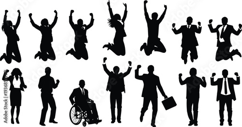 Silhouette Collection of Successful Business People Jumping and Celebrating Victory Including Professionals in Suits and a Businessman in a Wheelchair for Career Success
