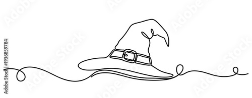 Witch hat resting on wavy continuous line background illustration. none editable strokes