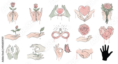 Elegant collection of minimalist line art illustrations featuring hands holding flowers, forming hearts, and symbolizing love, care, growth, and connection.