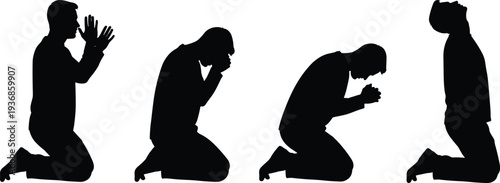 Silhouette of a Man Kneeling in Prayer and Meditation Expressing Deep Sorrow Grief Hope and Spiritual Devotion Against a White Background