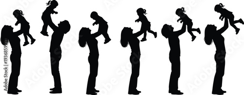 Silhouette of a mother lifting her child in various poses, concept for motherhood, unconditional love, family bonding and happy childhood development.