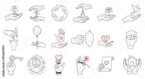 Hand-drawn line art vector illustrations of human hands showing care, support, love, charity, and protection. Perfect for social issues, community, and well-being projects.