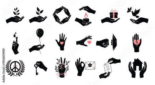 Diverse black silhouette hands vector icons depicting concepts of peace, love, care, support, charity, giving, and humanity.