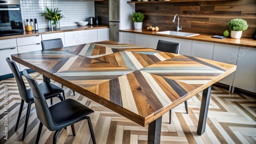 A striking statement dining table with a vibrant geometric wood inlay pattern complements modern minimalist kitchen cabinets and seating