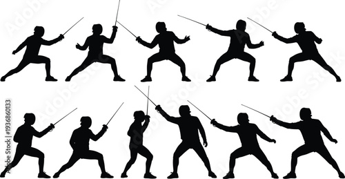 Fencing Athlete Silhouettes Collection Vector Illustration, Sword Fighting Sport Poses Isolated Black Figures on White Background