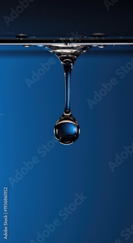 Close up macro shot of a single crystal clear water drop hanging off a surface, reflecting light and the environment ,macro ,white ,physics