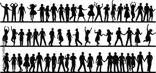 Silhouette of diverse people dancing together and holding hands in rows, collection of casual human figures for lifestyle and community design.
