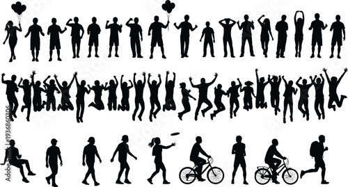 Silhouette of diverse people jumping for joy, walking, riding bicycles and holding balloons, collection of casual human figures for lifestyle design.