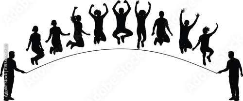 Silhouette of diverse people jumping over a long rope together, concept for teamwork, community activity, healthy lifestyle, physical fitness and childhood joy.