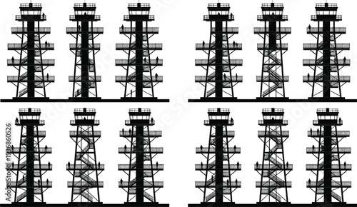 Observation tower silhouette icons set with watchtower structures featuring stairs and lookout decks for park architecture forest fire lookout and city view landmarks