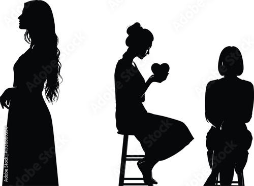 Silhouette of lonely sad woman sitting on stool holding heart shape symbol representing heartbreak and depression on white background