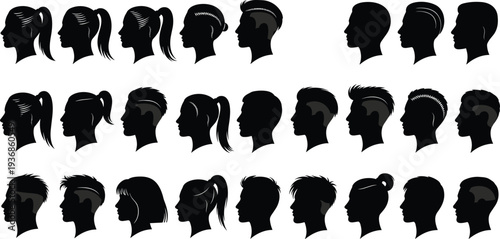Silhouette of male and female profile headshots with various hairstyles, collection of face side view figures for barber shop and salon design.
