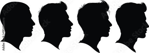 Silhouette of male profile headshots with various hairstyles, collection of man face side view figures for barber shop and grooming design.