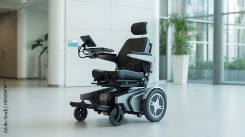 Modern electric wheelchair in bright hospital corridor, mobility aid close-up. Indoor healthcare accessibility concept photo