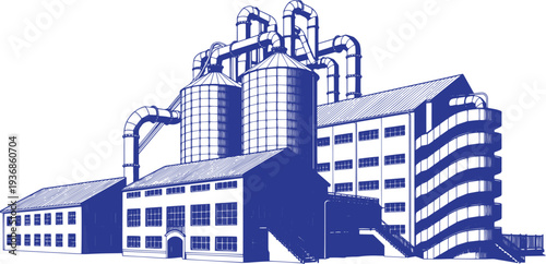 Crop Storage Factory Buildings Vector Set, Agricultural Warehouse Silhouette, Grain Storage Facility, Farm Industrial Buildings, Food Preservation Plant Line Art Collection