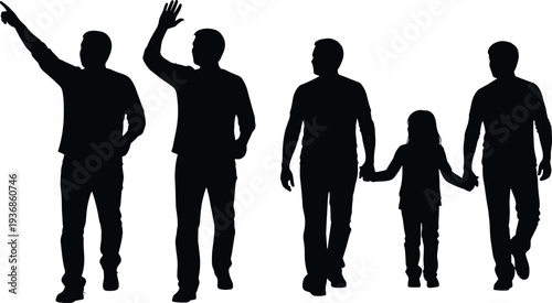 Silhouette of people in various walking poses including a man pointing and family holding hands, casual human figures for lifestyle design.