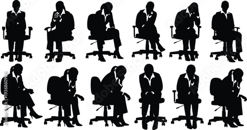 Silhouette Set of Businesswoman Sitting in Office Chair Expressing Stress, Exhaustion, Failure, and Deep Thought in Various Tired Professional Poses