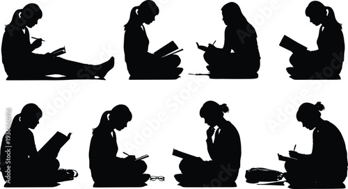 Silhouette Set of a Young Female Student Sitting on the Floor Reading Books and Writing in a Notebook for Education Poses