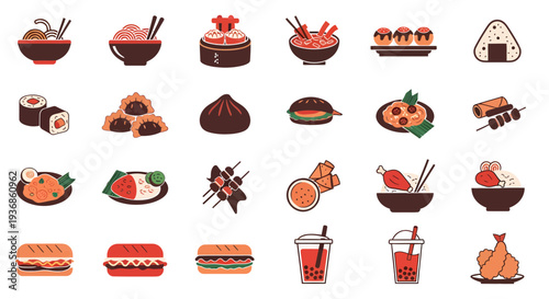 Asian Street Food Icon Set - Minimalist Flat Vector Illustrations of Japanese and Chinese Cuisine: Sushi, Ramen, Dim Sum, Boba Tea, and Snacks Isolated on White Background