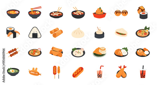 Asian Street Food Icons Set, Traditional Oriental Cuisine Vector Illustrations of Ramen, Sushi, Dim Sum, and Bubble Tea Isolated on White Background