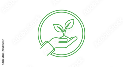 Green hand holding sprouting seedling icon.