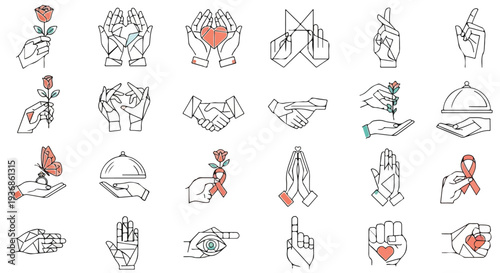 Collection of minimalist line art hand gestures depicting love, care, support, giving, and receiving, ideal for charity, help, and human connection themes.