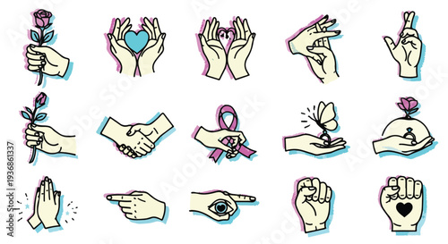 Diverse collection of hand gesture illustrations, symbolizing love, support, hope, friendship, awareness, and various human emotions, with outline and modern color accents.