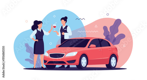 Responsible woman refusing a glass of wine offered by another person next to a red car to promote safe driving.