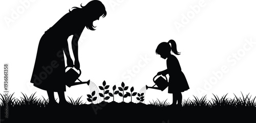 Silhouettes of a mother and her young daughter gardening together, using watering cans to care for plants in a lush backyard