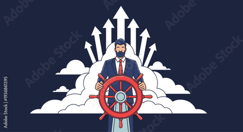 Businessman steering a ship wheel at the helm in front of white clouds and upward growth arrows on a dark background.