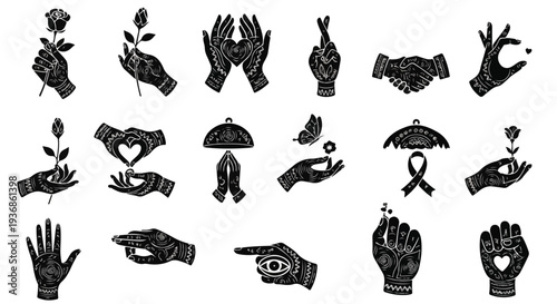 Diverse collection of black and white hand illustrations depicting various gestures, symbols, and emotions like love, prayer, support, and connection, ideal for graphic design.