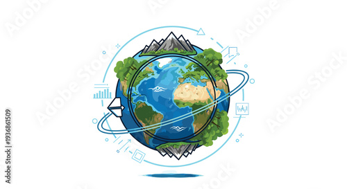 Planet earth surrounded by icons of nature, mountains, forests, and digital data charts representing global sustainability.