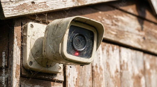Close up of an outdoor security camera covered in dust and cobwebs mounted on old wooden siding. Concept of neglected surveillance, old technology.