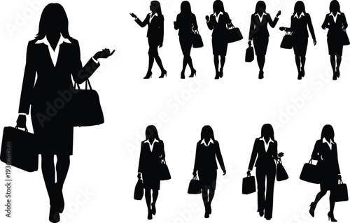 Silhouettes of professional business woman in suit carrying briefcase and handbags isolated on white background for corporate office and career marketing