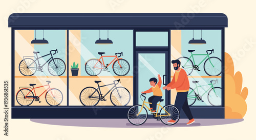Happy father helping his young son ride a new bike outside a modern bicycle shop with many bikes in the window.