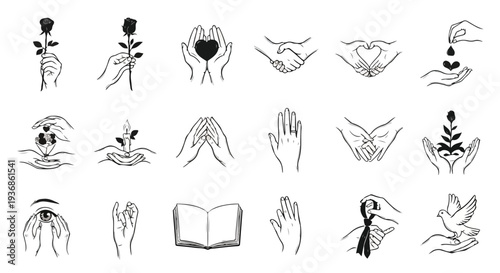 Minimalist line art illustration set of human hands performing various gestures, holding symbolic objects like roses, hearts, and plants, representing care, love, help, and peace.