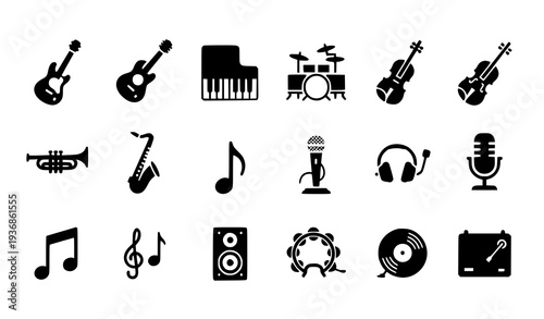 A set of black and white music icons and symbols on a white background