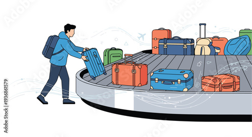 Young man in a blue hoodie picking up his suitcase from the luggage carousel at an airport arrivals hall.