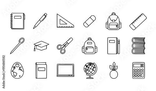 A set of black and white line art icons representing various school supplies and education tools