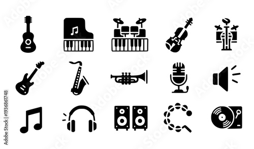 A collection of black music icons on a white background