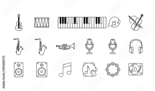 A set of minimalist music icons and symbols in a vector graphic design
