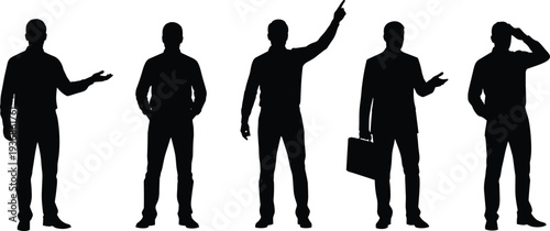 Vector set of black silhouettes showing a businessman in professional attire gesturing pointing and standing with a briefcase in hand