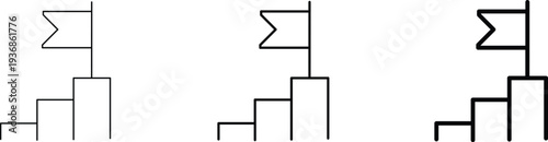 A series of three simple line art illustrations depicting a winner's podium with a flag on the top step, with outlines progressively bolder from left to right.