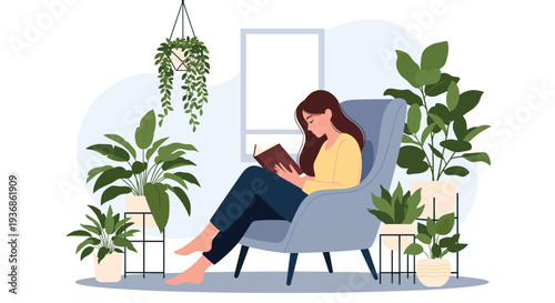 Young woman sitting in a blue armchair reading a book in a peaceful room filled with many different houseplants.