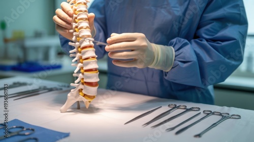 Human spine model in surgical setting, orthopedic surgeon hands with medical instruments, spinal column anatomy for neurosurgery education