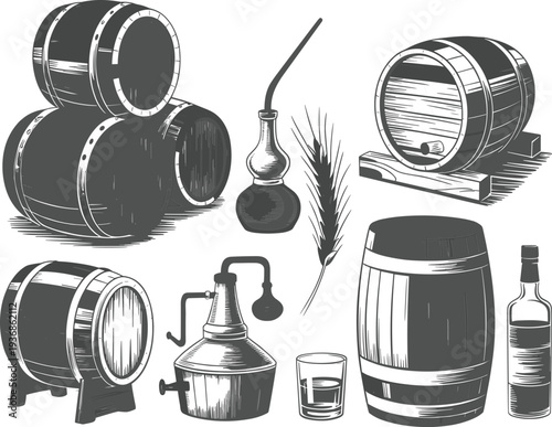 Vintage wooden barrels and whiskey distillery equipment set with bottle and glass for alcohol production design