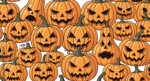 Scary and spooky jack-o'-lantern pumpkins with different carved faces are gathered together in a vibrant Halloween holiday background.