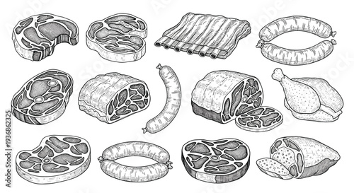 Collection of hand-drawn sketches featuring various cuts of meat, including steak, sausages, ribs, and chicken, for butcher shop designs.
